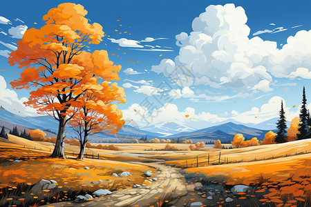 秋天的小道乡间小道的树插画