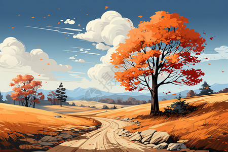 秋天的树秋天树叶油画高清图片