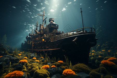 海底的船沉在海底植物上的船背景