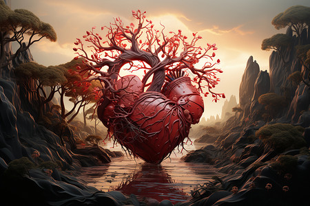 树模型放在大地上的心脏插画