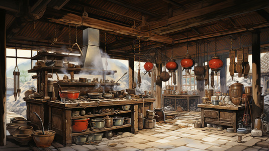 古代做饭挂着灯笼的厨房插画