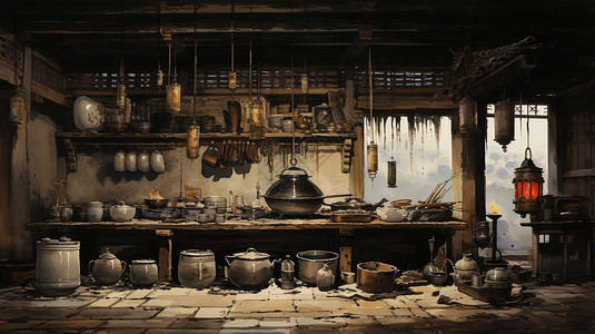 古代做饭厨房中瓦罐插画