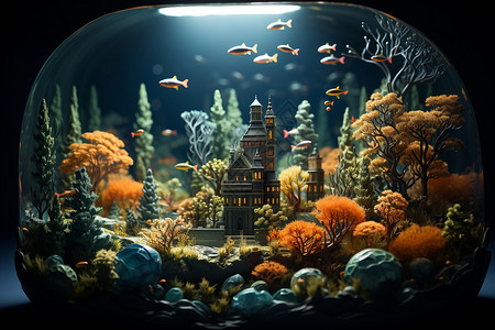 玻璃水族鱼缸里的海底世界设计图片