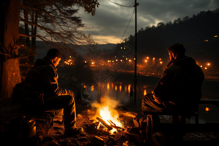 篝火旁的人坐下休息高清图片