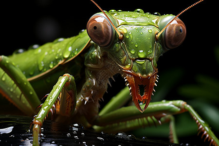甲虫标本全身沾满水珠的螳螂背景