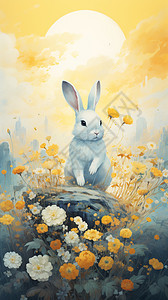 坐在鲜花里的兔子背景图片