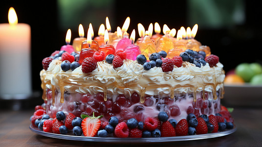 水果蛋糕点点上蜡烛的蛋糕背景