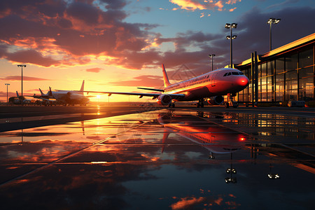 交通路面夕阳下的机场插画