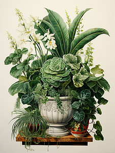 绿色龟花瓶中的美景插画
