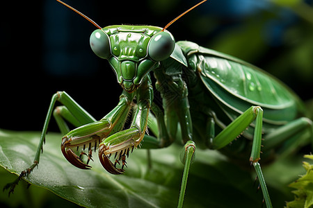 绿色螳螂在树叶间图片