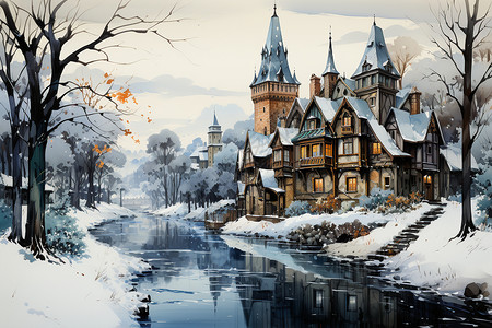 雪中的城堡与河流图片