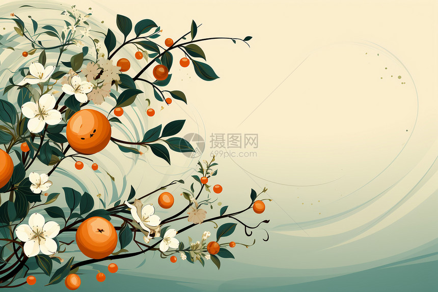 绘着橙子和花朵的果树图片