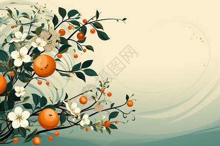 水果壁画绘着橙子和花朵的果树插画