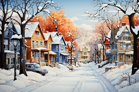 白雪飘飘的城市小镇高清图片