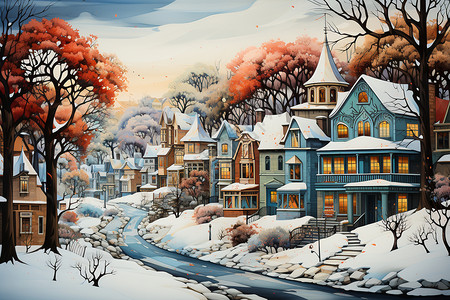冬日里的奇幻城市背景图片