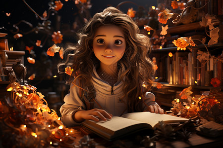 读书的美丽卡通女孩图片