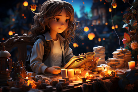 读书的可爱小女孩背景图片