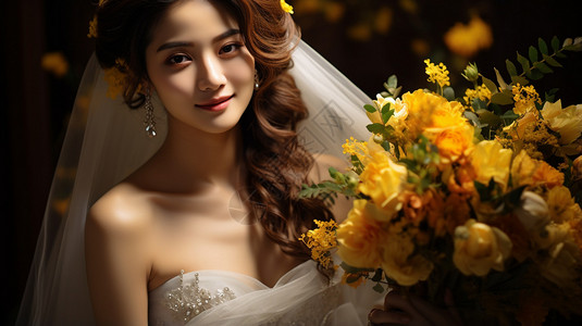 穿婚纱拿着鲜花的新娘背景图片
