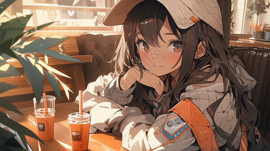 女孩坐在店里喝咖啡背景图片