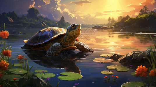 湖大乌龟在湖水里爬行插画