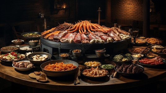 一桌海鲜一桌丰盛的食物背景
