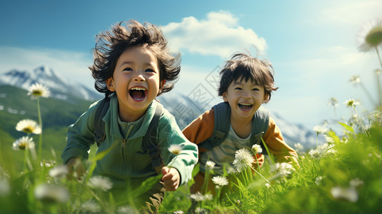 开满小花的草地上男孩在玩耍高清图片