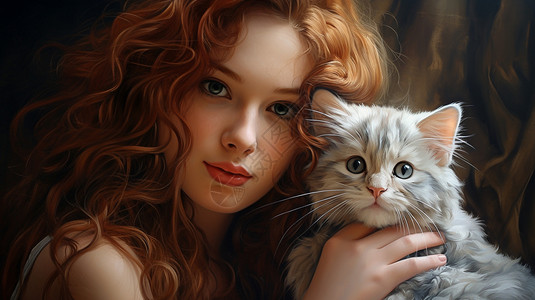 金发美女和可爱小猫高清图片