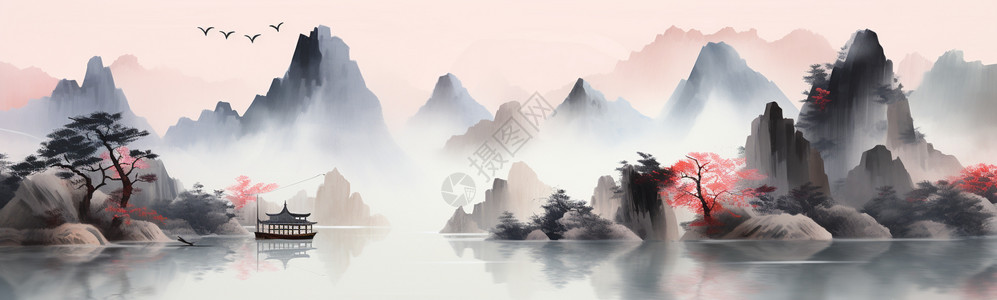 高山湖水水彩画的宁静之美插画