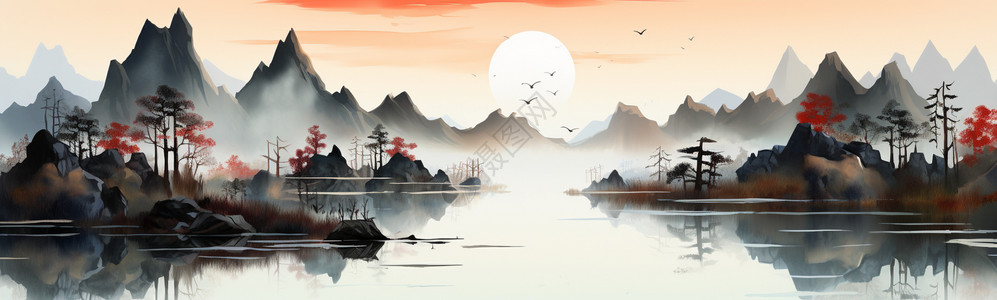 高山湖水美丽的风景图插画