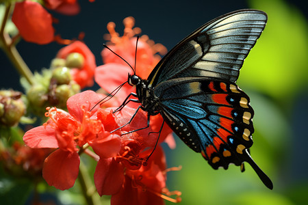 蝴蝶停在红花上背景图片