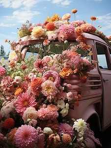 鲜花堆满汽车背景图片