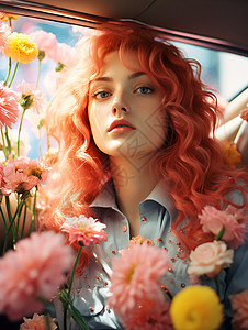 被花朵包围车中被鲜花包围的女孩背景