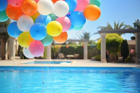 派对气球漂浮欢乐夏日的泳池派对背景