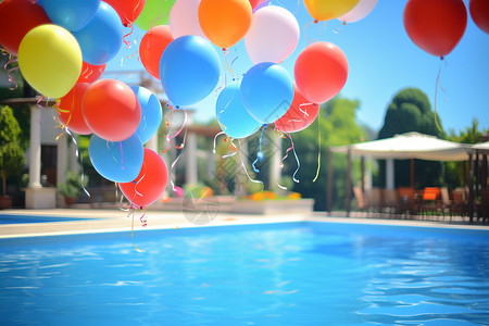 夏日泳池派对中一群气球背景图片