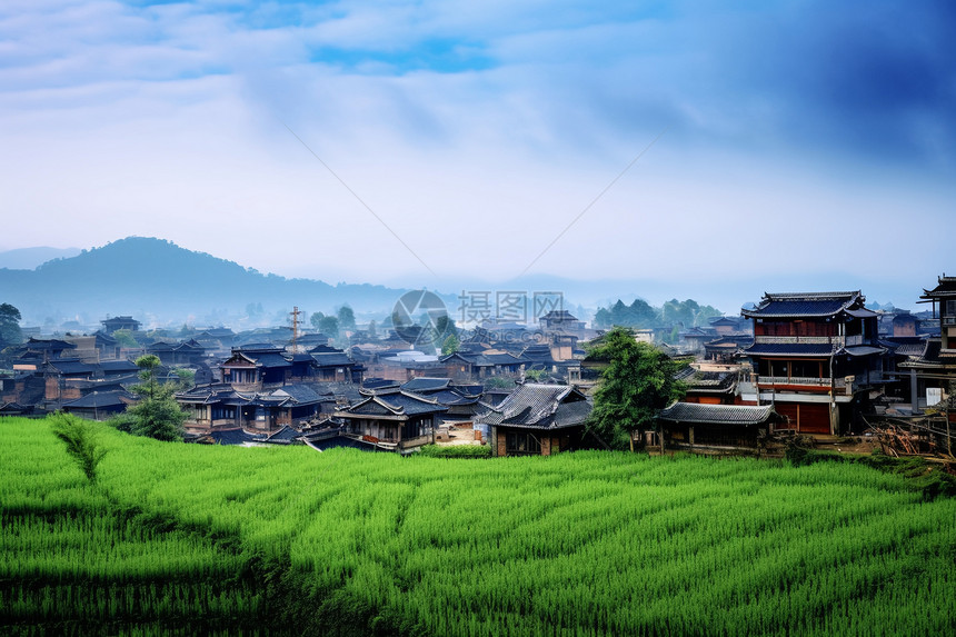 云雾缭绕的稻田乡村景观图片