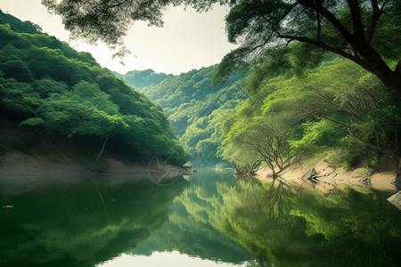 夏季静谧的山中湖泊图片