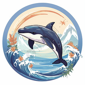 LOGO圆形海面上嬉戏的海豚标志插画