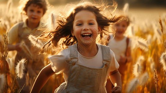 快乐的孩子们在麦田里奔跑高清图片