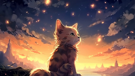 猫咪仰望夕阳下的星空背景图片