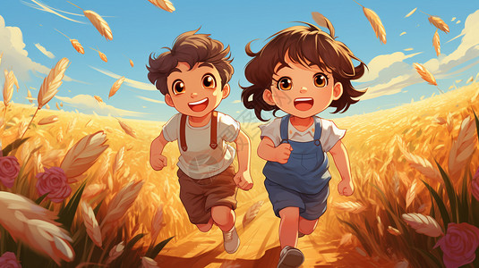 在麦田里奔跑的情侣孩子们在麦田里快乐地奔跑插画