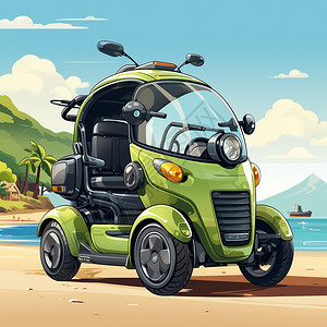 三轮电动车沙滩上的电动车插画