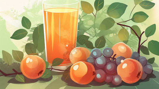 创意橙汁新鲜水果旁的果汁插画