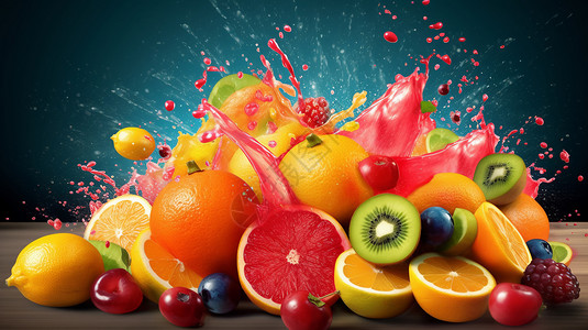 放在桌上的新鲜水果新鲜水果飞溅的液体设计图片