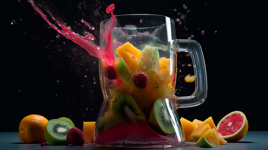 破壁榨汁机榨汁机中的新鲜水果设计图片
