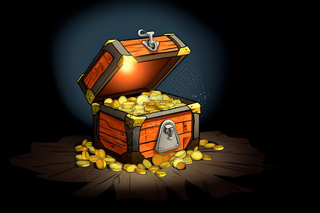 金币和宝箱木质宝箱中的金币插画