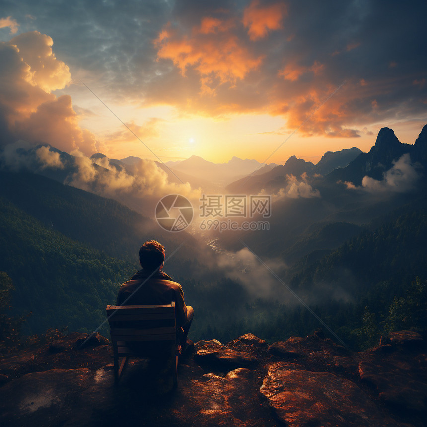 坐在山顶欣赏日出的人图片
