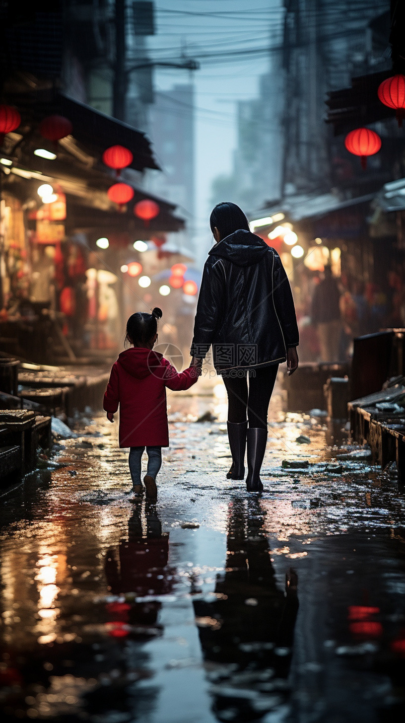 雨后城市街道中的母女图片