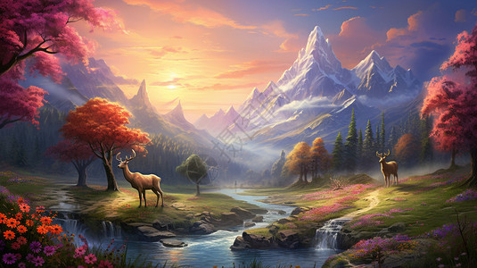 河流边的野鹿背景图片