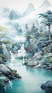 山水古塔河流背景图片