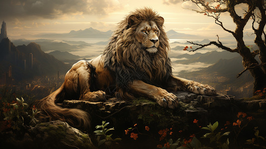 狮子趴在石头上图片